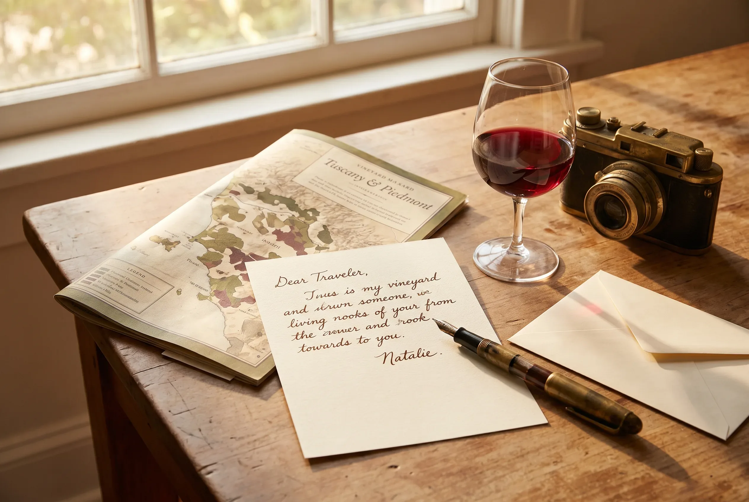 A handwritten Roam with Red travel note beside wine and a vineyard map
