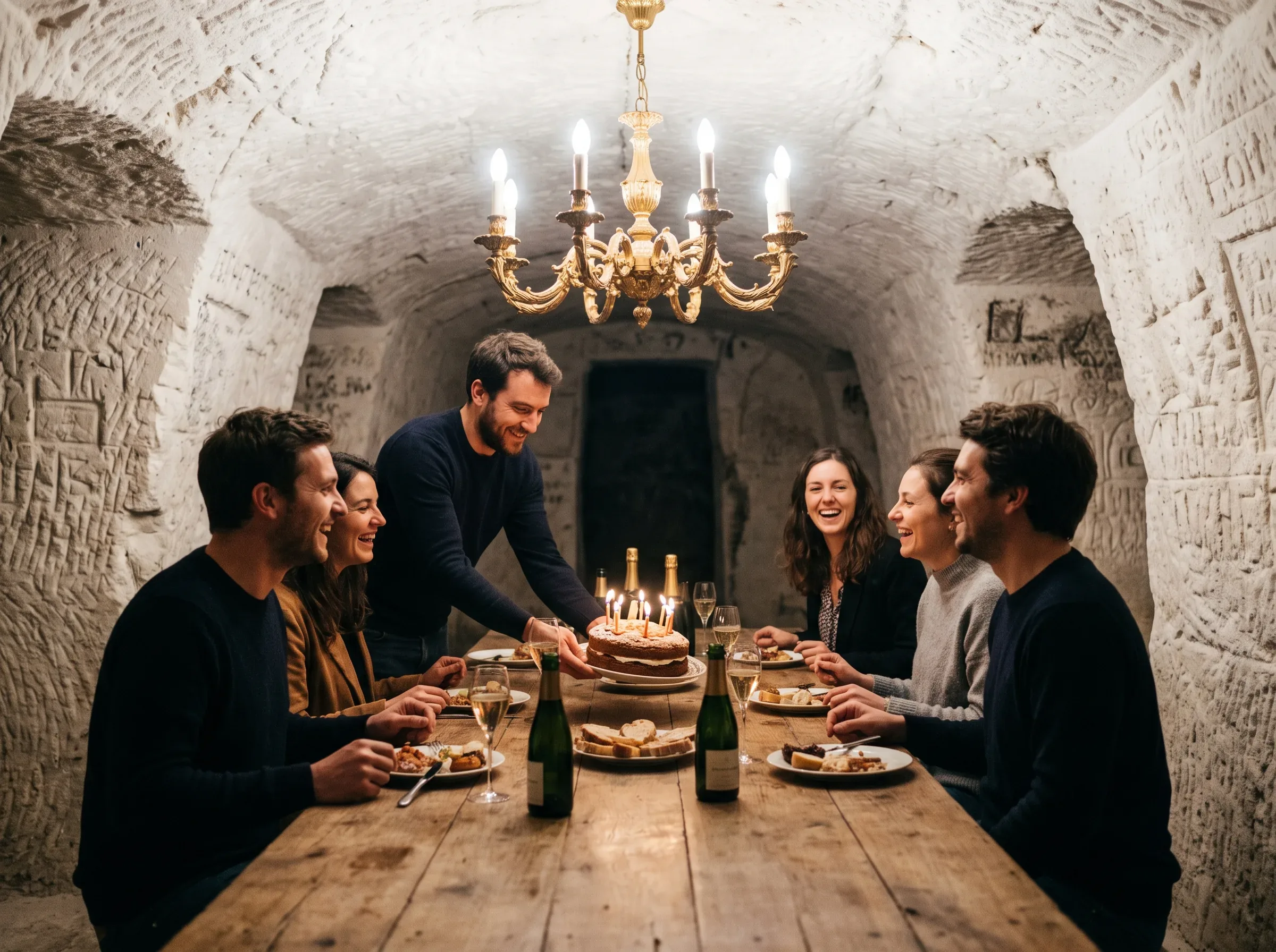 Friends celebrating in a Champagne chalk cellar